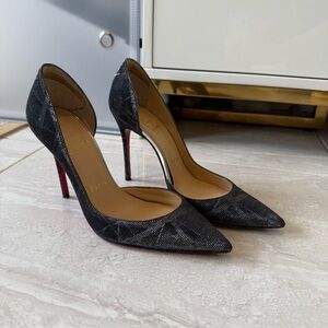 AUTHENTIC Christian Louboutin Metallic Grey Fabric So Kate Pumps Size 35.5